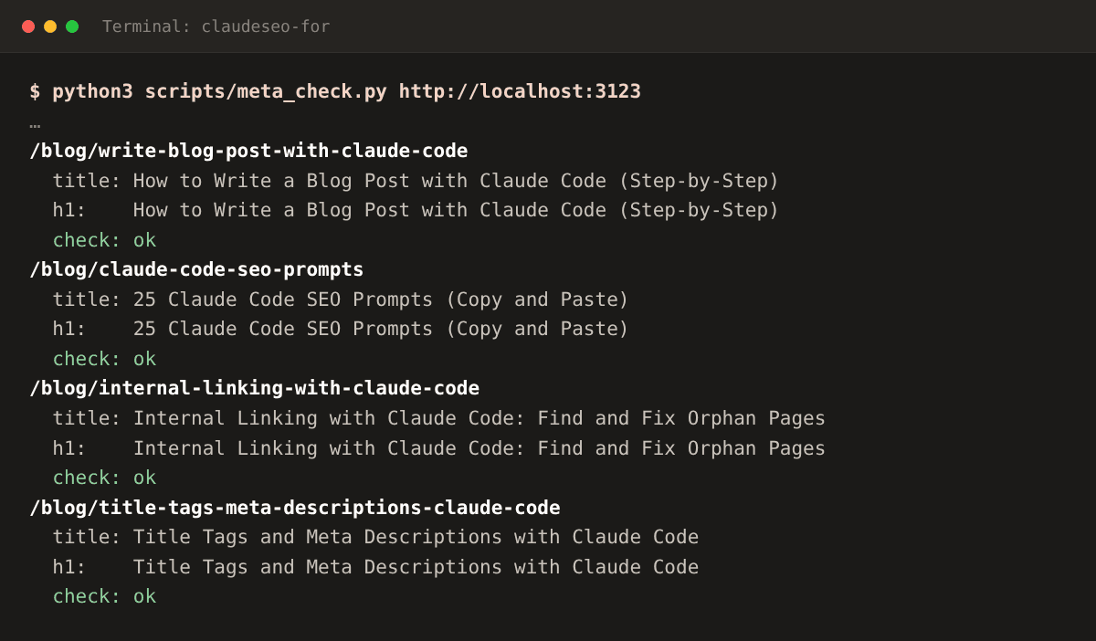 Terminal output of the meta_check.py script, listing blog URLs with their title, H1, and a check result of ok for each page.
