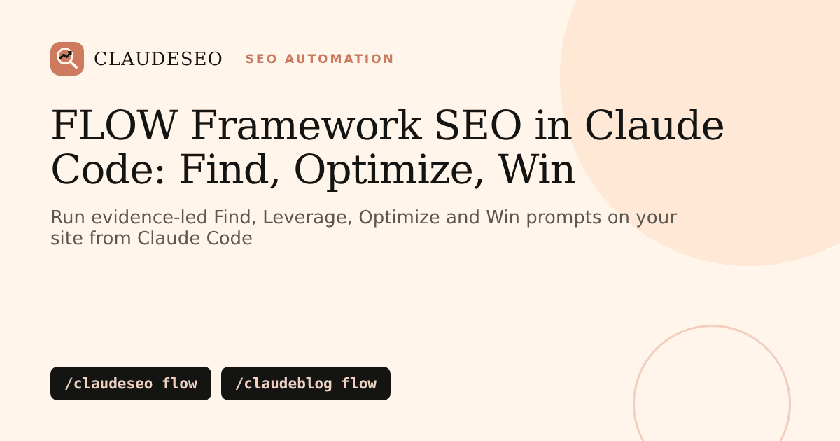 The FLOW framework for SEO in Claude Code: Find, Leverage, Optimize and Win stages with /claudeseo flow